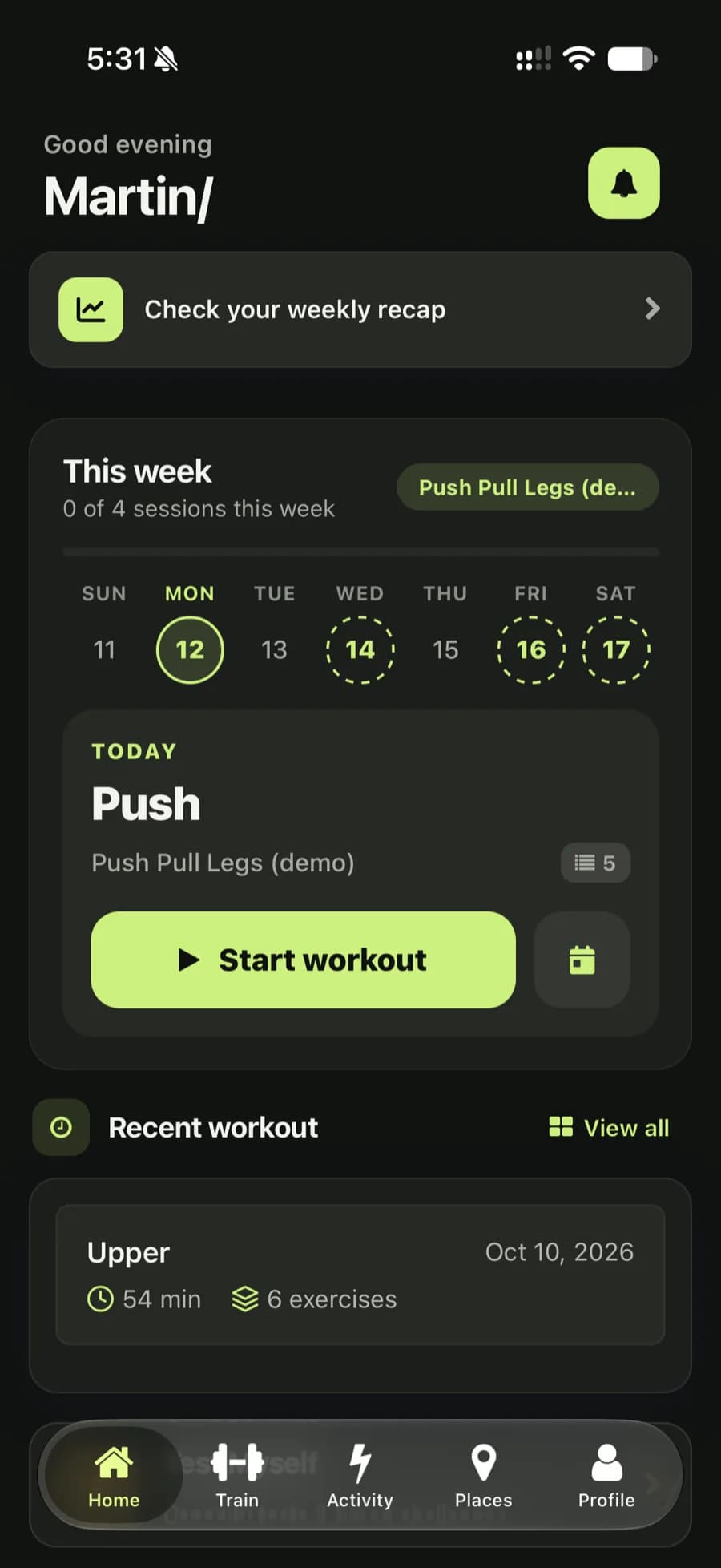 onTrack home: today's workout and the weekly agenda