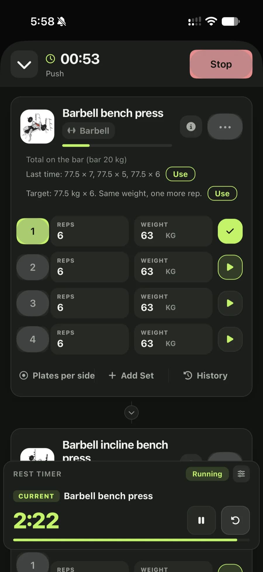 onTrack live workout with rest timer